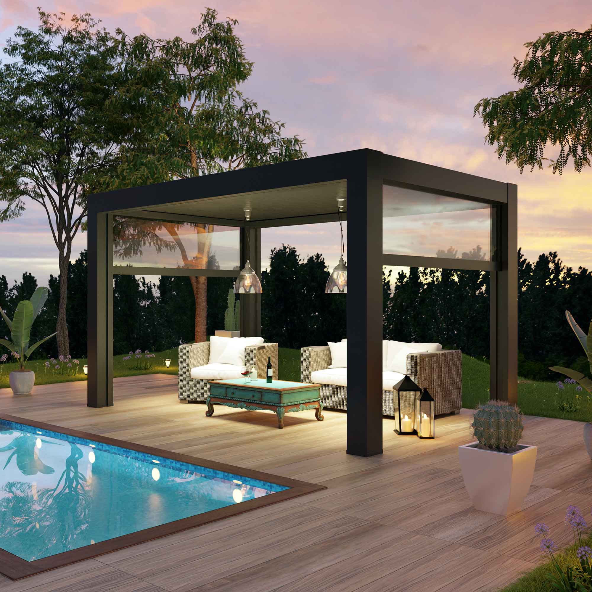 Sunset view of the patio next to the pool.