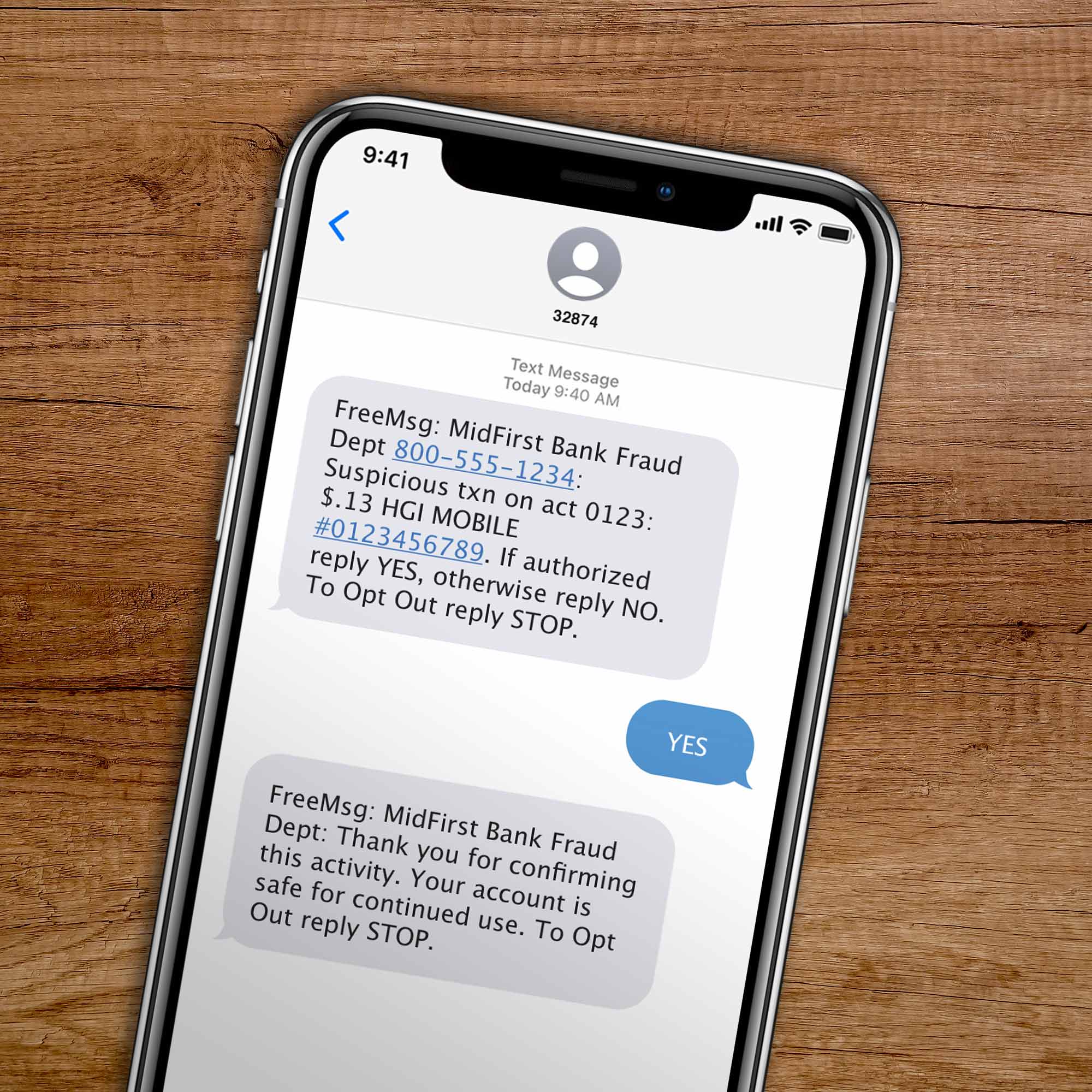 An iPhone screen shows text message updates from MidFirst Bank.