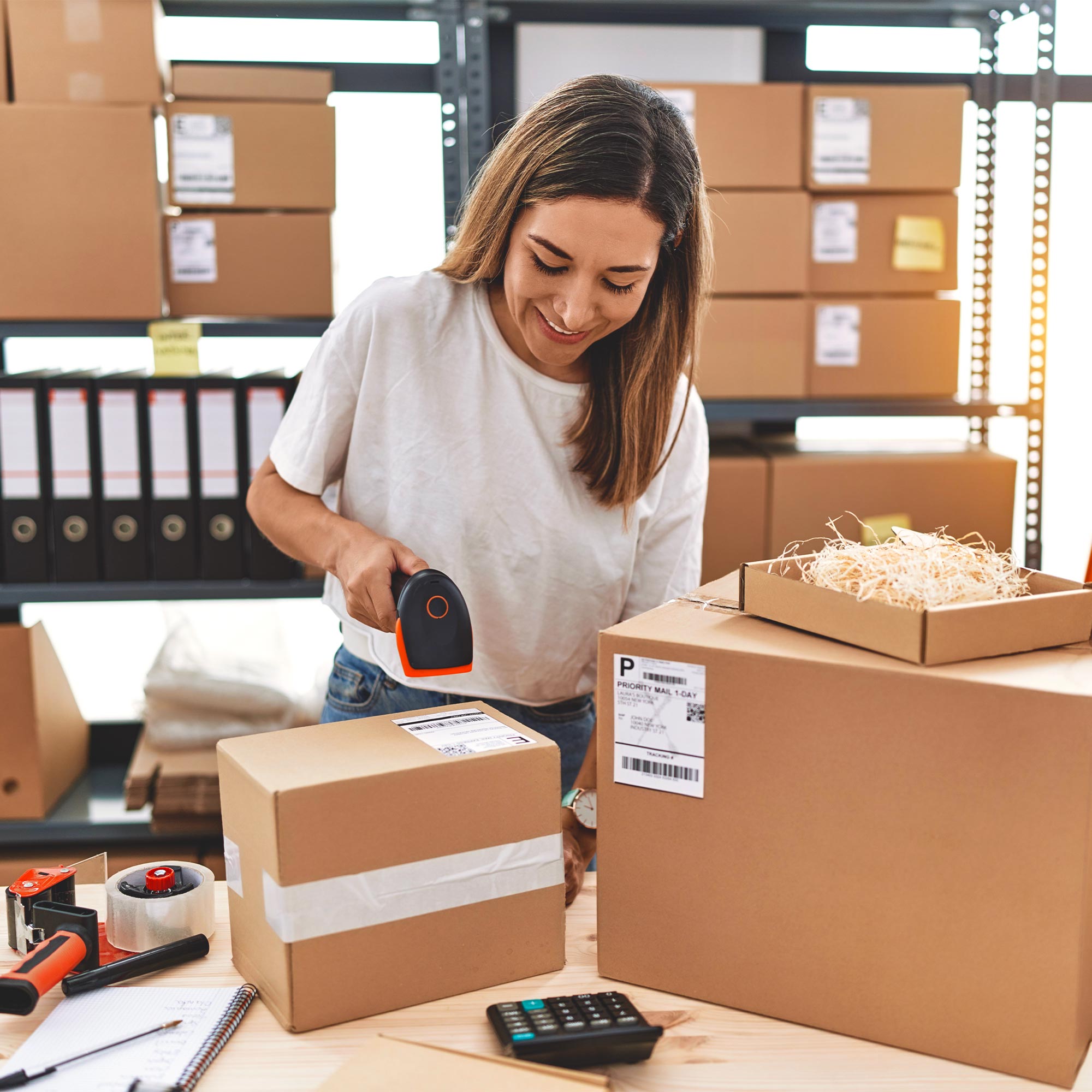 A woman uses a scanner to scan a package.