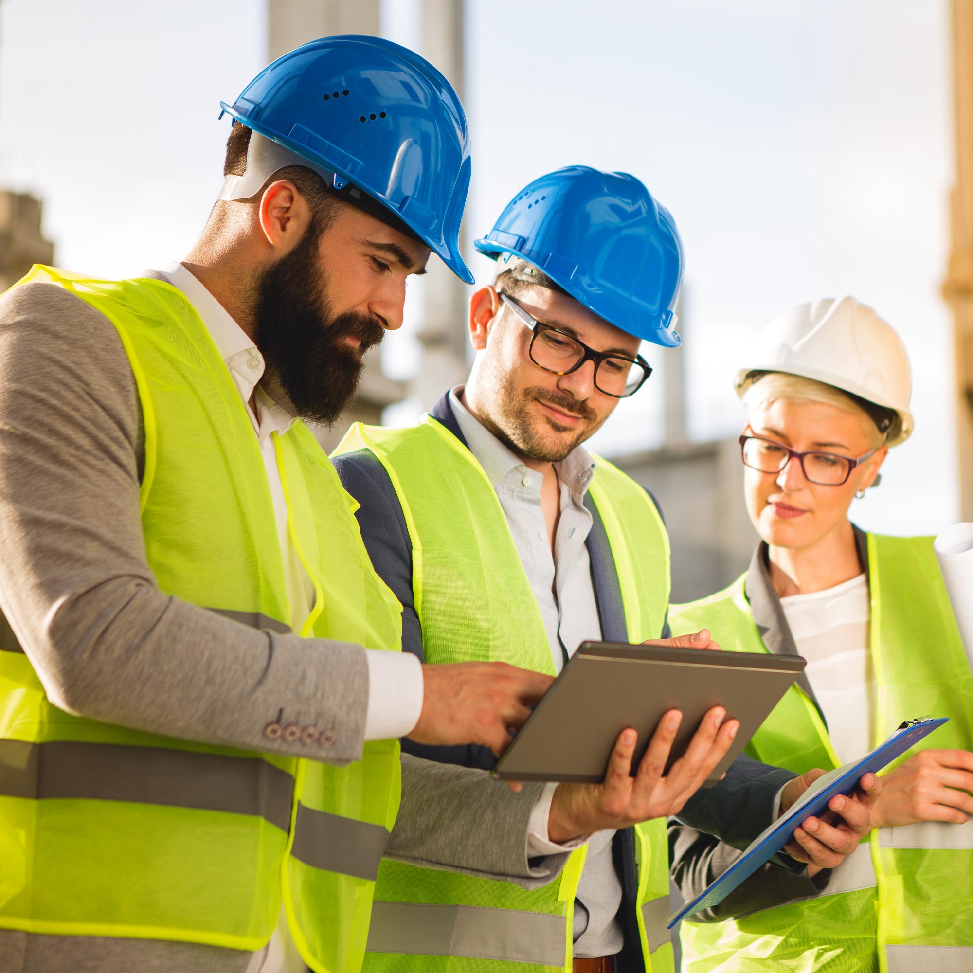 Two men and a woman with hard hats on stand and discuss a project.