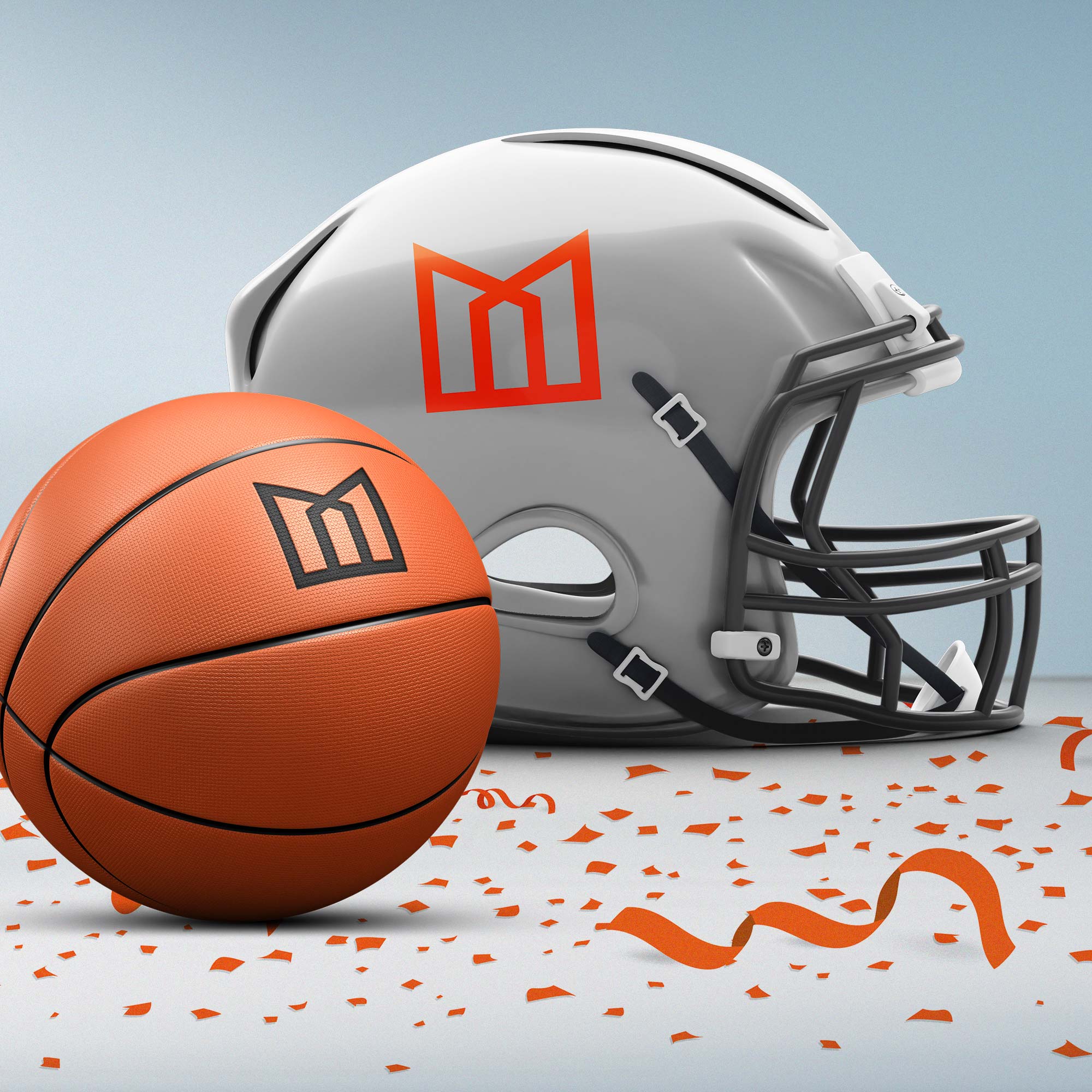 MidFirst branded football helmet and basketball with confetti