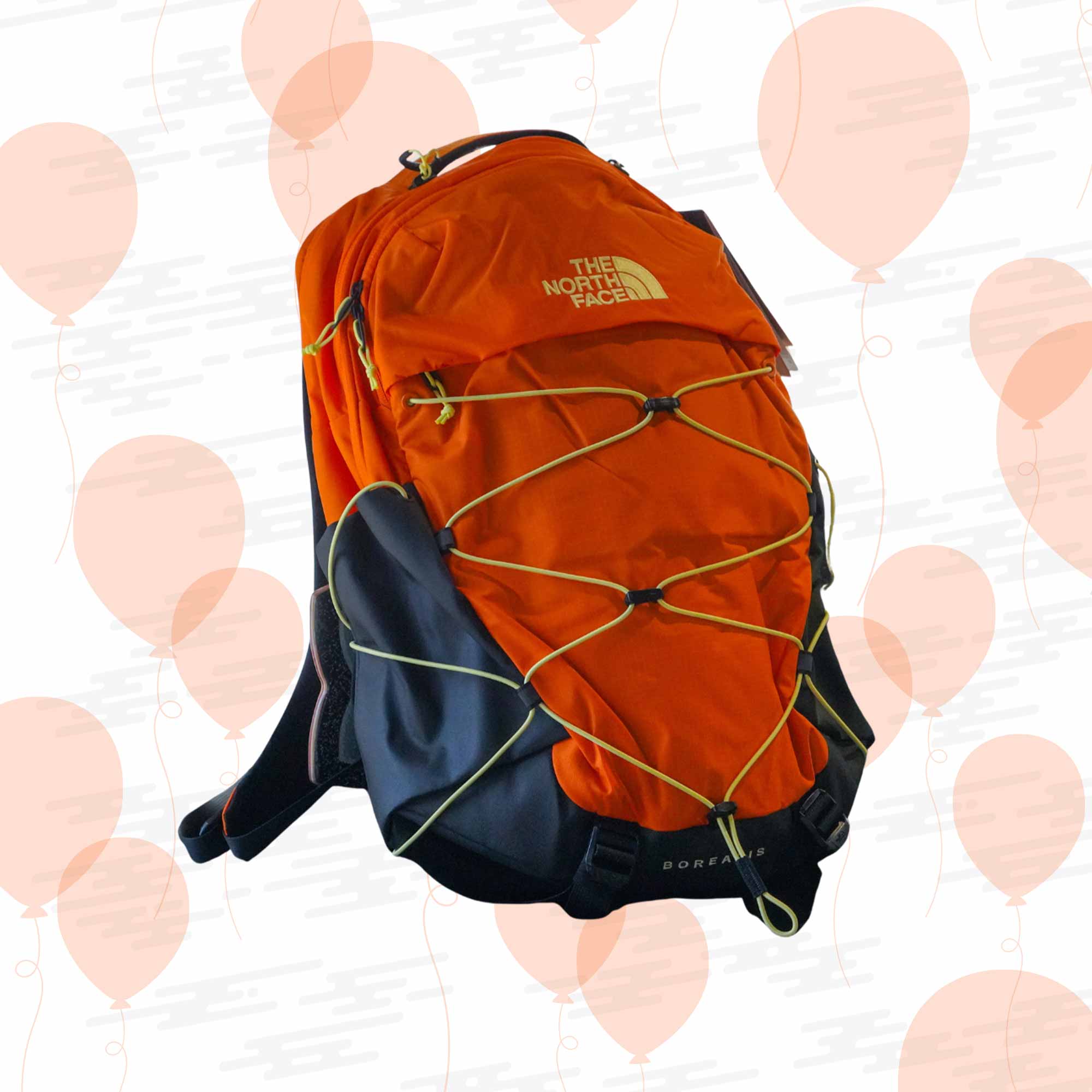 An orange North Face backpack