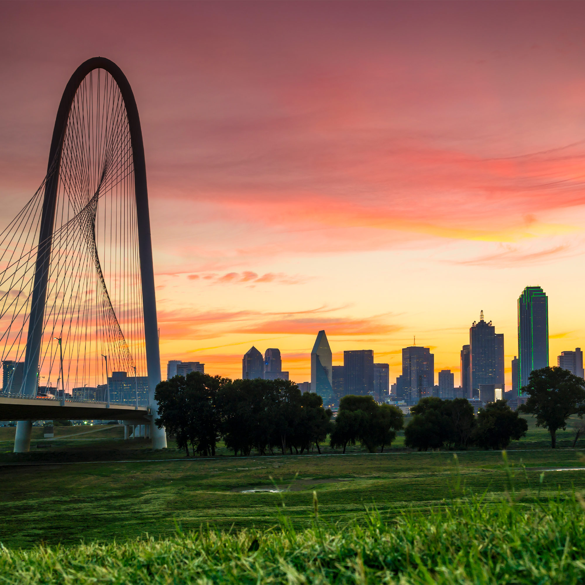 A skyline photo of Dallas, Texas in the evening