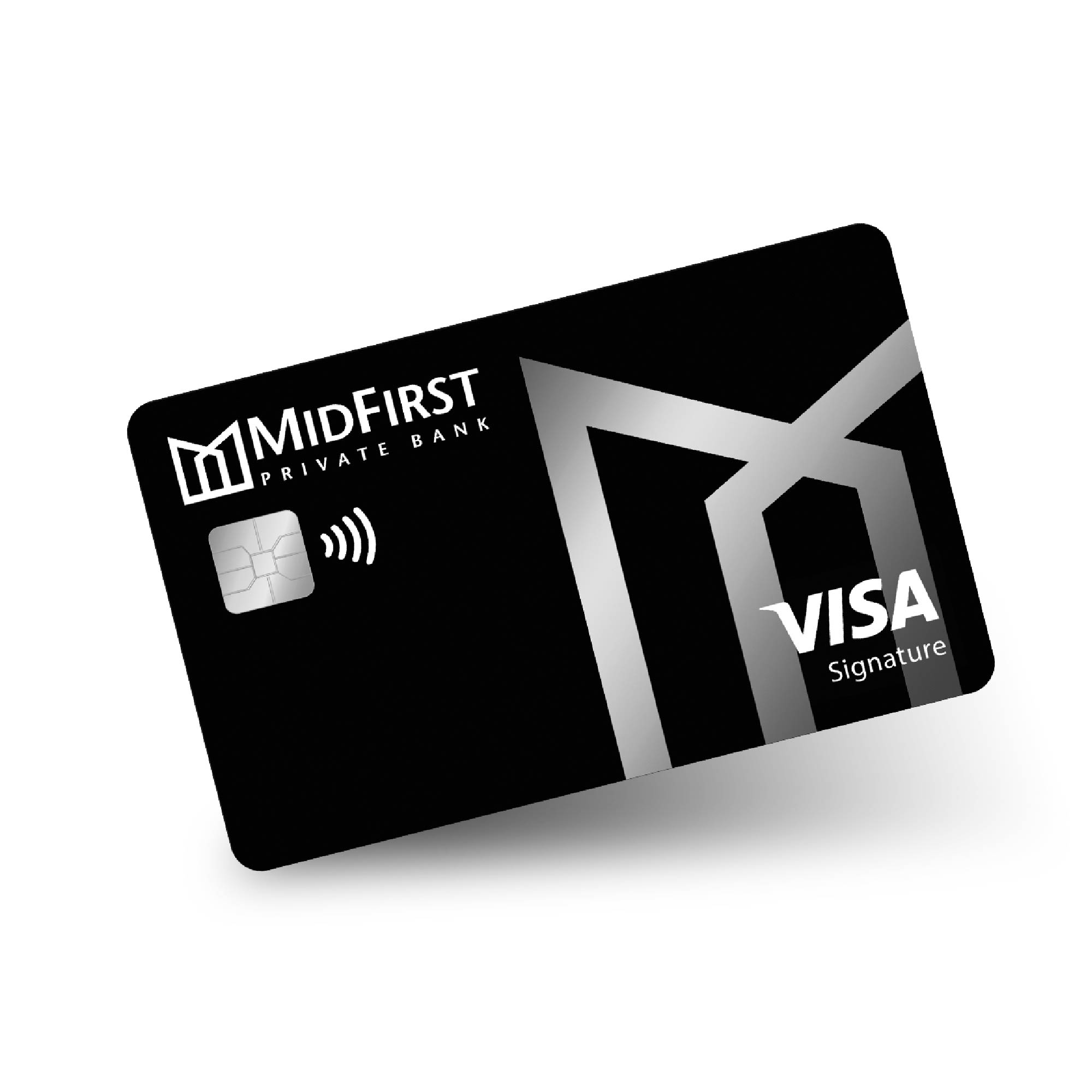 A photo of a black MidFirst Private Bank Signature Credit Card.
