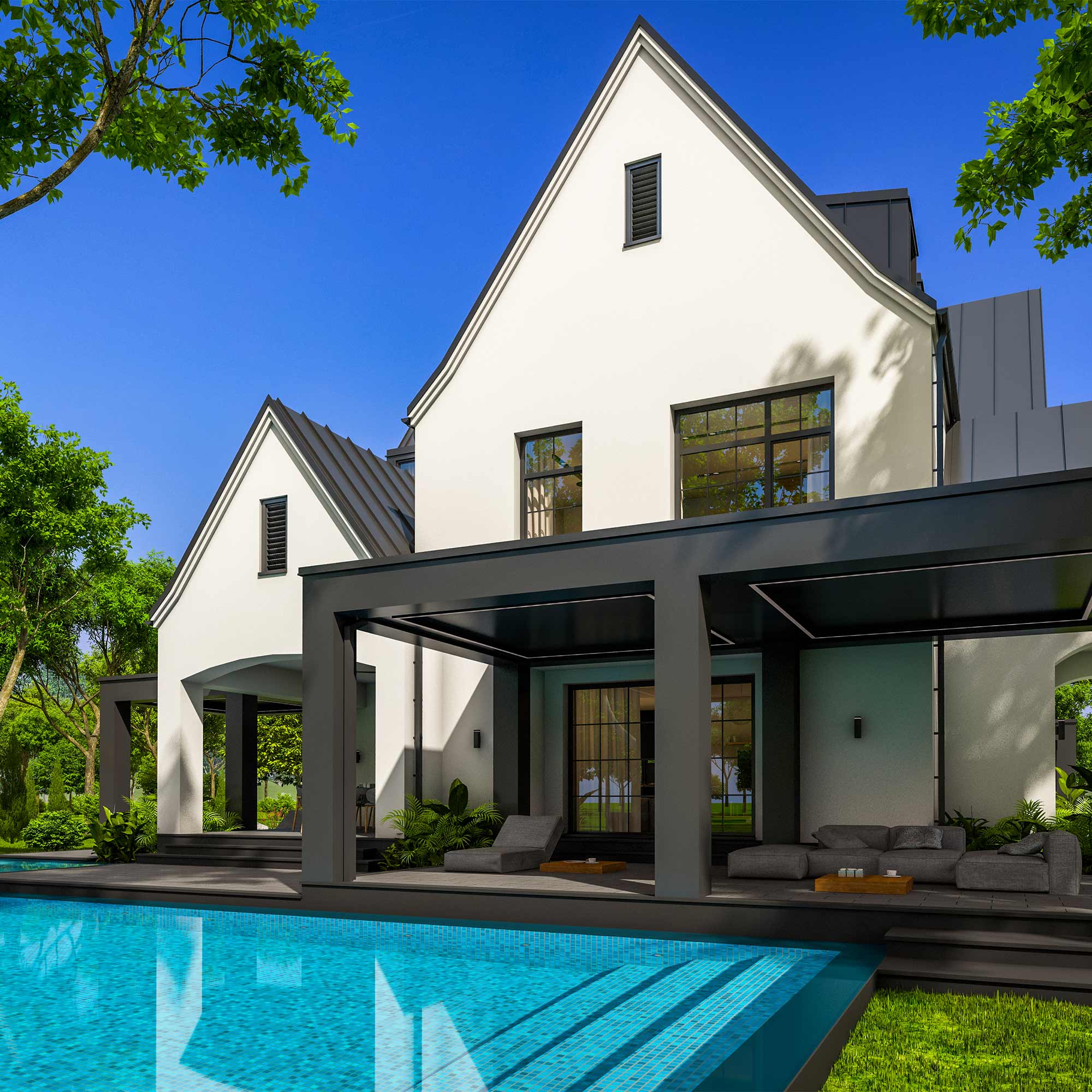 A luxurious house is shown next to a pool.