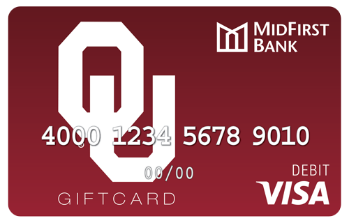 A red MidFirst Bank Gift Card with the OU logo