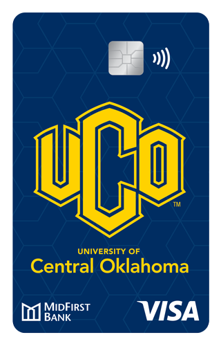A blue MidFirst Bank Visa Rewards Credit Card with the UCO logo