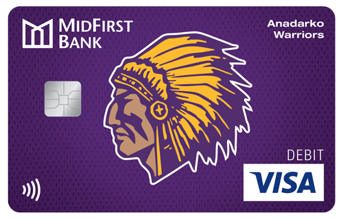 A purple MidFirst Bank Visa debit card with the Anadarko Warriros logo