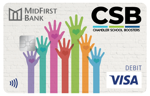 A white MidFirst Bank Visa debit card with the Chandler School Boosters logo