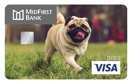 MidFirst Bank Visa iDesign Debit Card with an image of a pug puppy running.