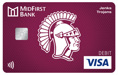 A maroon MidFirst Bank Visa debit card with the Jenks High School logo