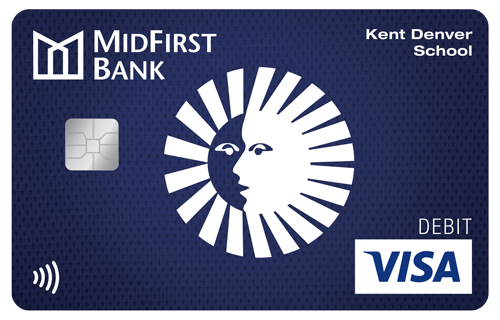 A blue Midfirst Bank Visa Debit Card with the Kent Denver High School logo