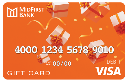 An orange MidFirst Bank Gift Card with fallng gift boxes in the background