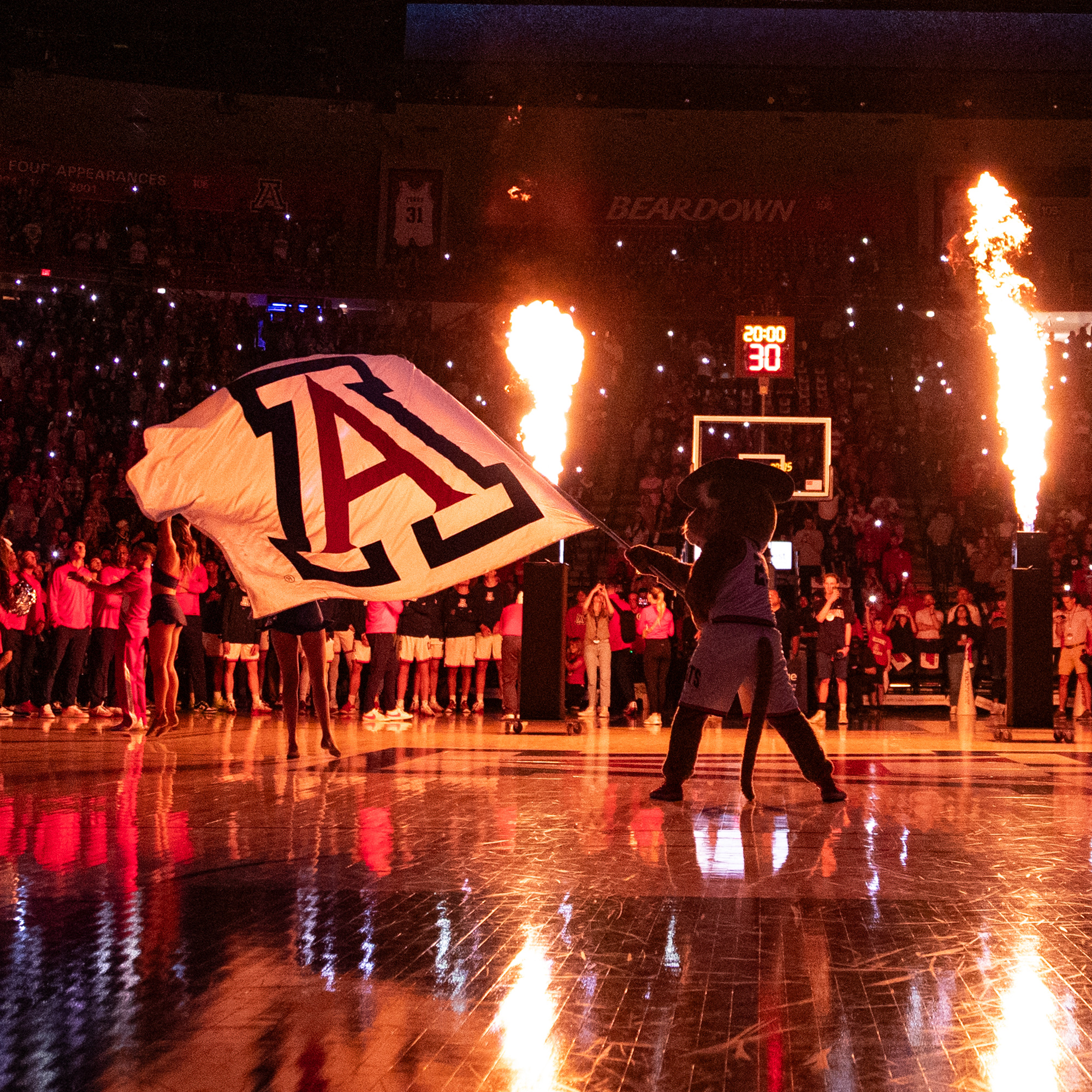 Arizona Wildcat mascot waving flag at basketball game