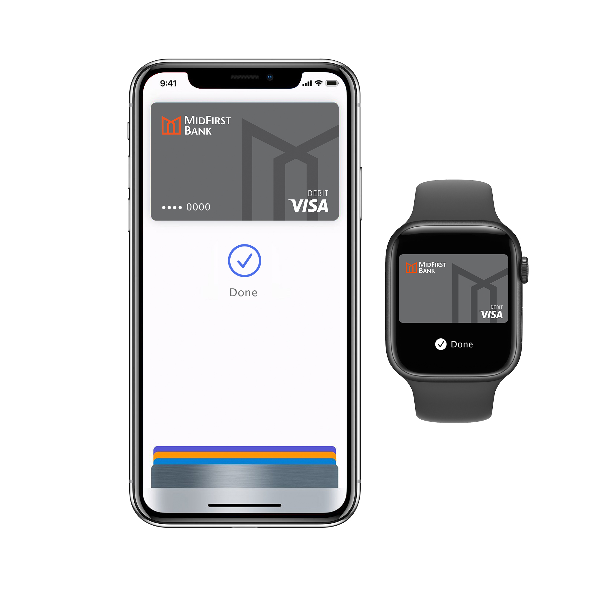 An image of the MidFirst Bank Visa card is pictured on an iPhone phone screen and a watch next to it shows the same.