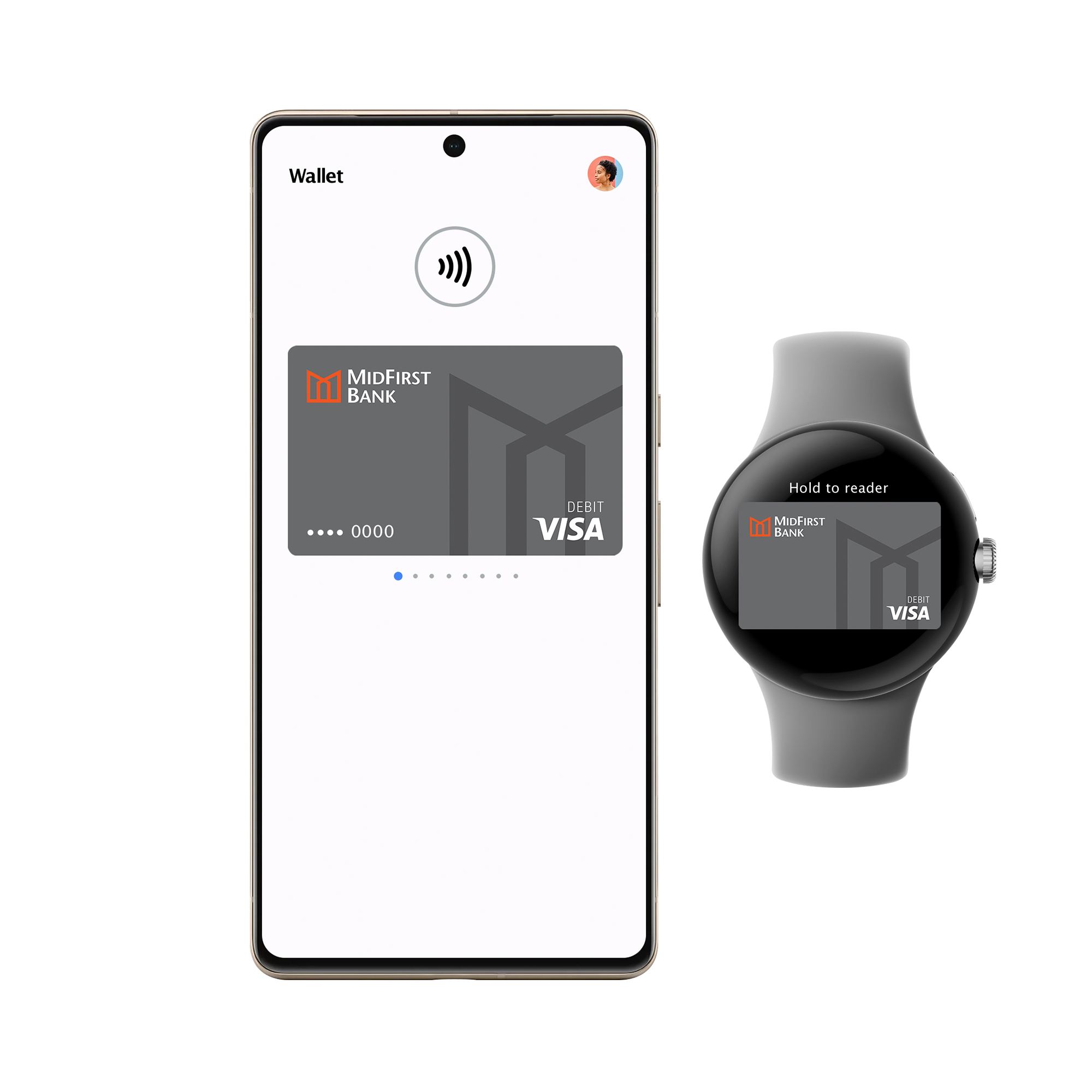 An image of the MidFirst Bank Visa card is pictured on a smart phone screen and a watch next to it shows the same.