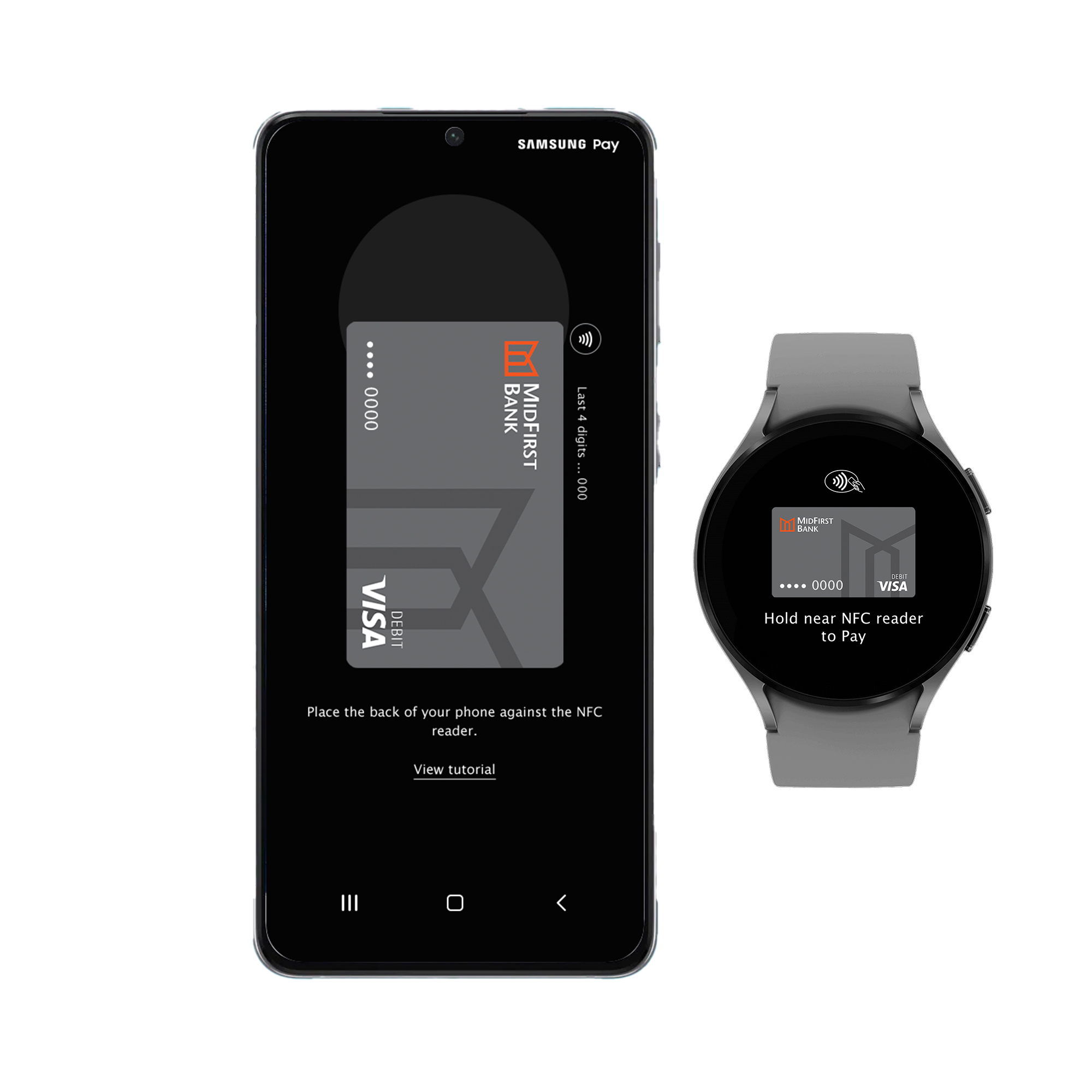 An image of the MidFirst Bank Visa card is pictured on a smart phone screen and a watch next to it shows the same.