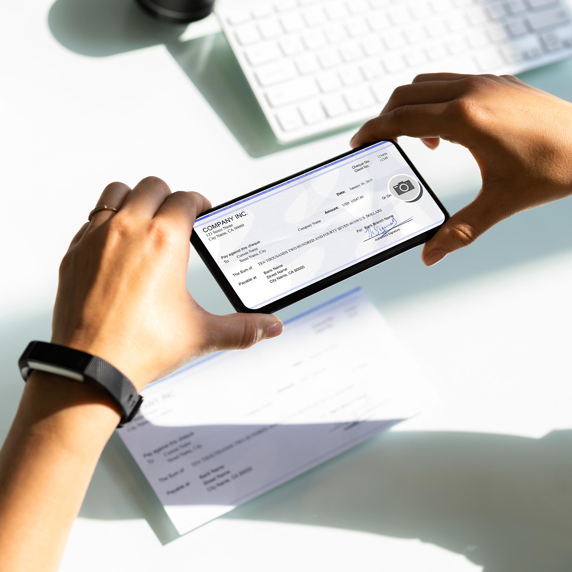 A woman sits at a table and uses her phone to take a picture of her check.