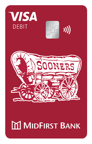 A red MidFirst Bank Credit Card with the OU logo and the Sooner Schooner