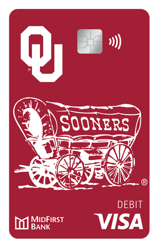 A crimson Visa debit card with a graphic of the OU Schooner