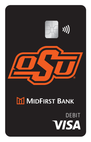 A black MidFirst Bank debit card with the OSU logo