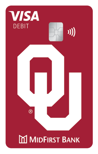 A red MidFirst Bank Debit Card with the OU logo