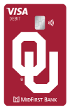A crimson Visa debit card with the OU logo