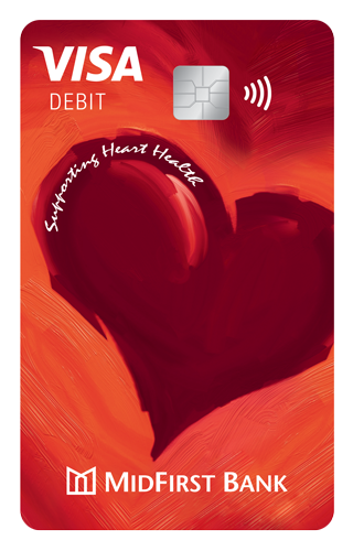 A red Visa debit card with a painted heart