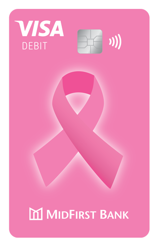 A pink Visa card featuring a graphic of the pink breast cancer awareness ribbon