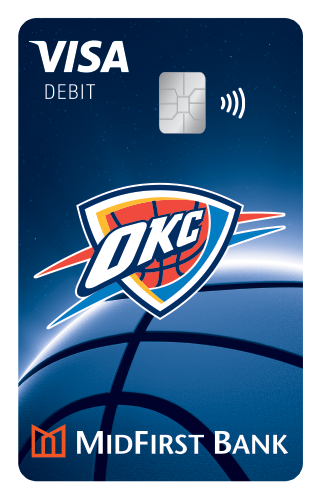 A blue MidFirst Bank Visa debit card with the OKC Thunder logo