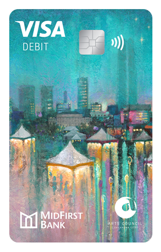 A MidFirst debit card that features an abstract piece of art and the Arts Council OKC logo