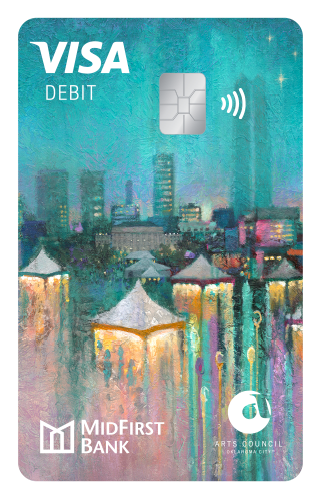 A MidFirst Bank Visa Debit card with an abstract art piece and the Arts Council Oklahoma City logo